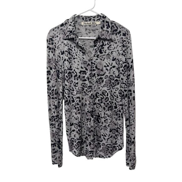 Michael Stars Leopard Print Long Sleeve Button Up Shirt Black Gray Size Small - Picture 1 of 9